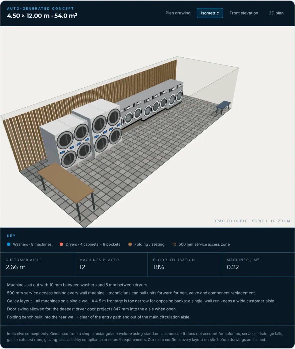 3D isometric render of the same 54 square metre galley Wascomat laundromat with tiled floor and timber feature wall